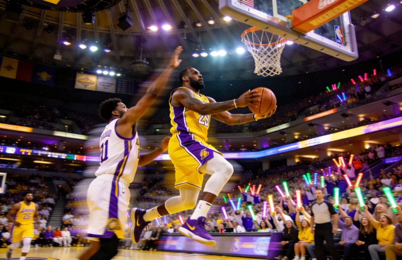 NBA 篮球比赛中球员突破上篮，场馆灯光与观众席清晰可见