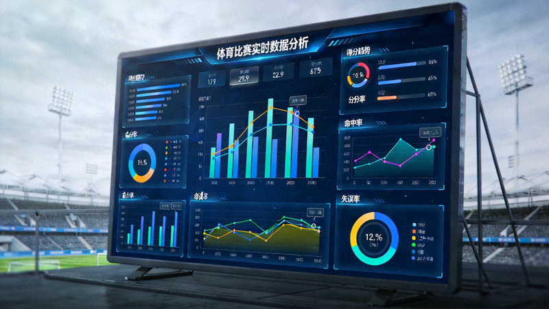 体育比赛数据分析屏幕,展示统计图表与数据曲线